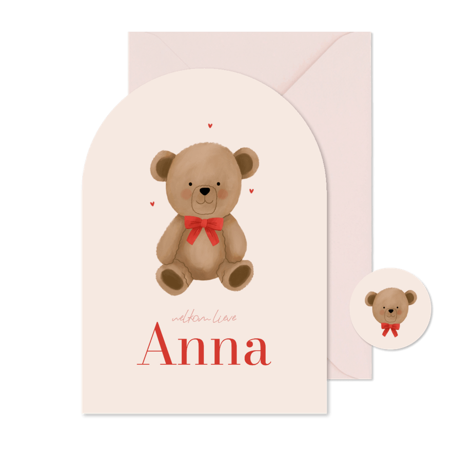 Geboortekaartje boogvorm teddybeer met strik hartjes roze - Kaartimpressie