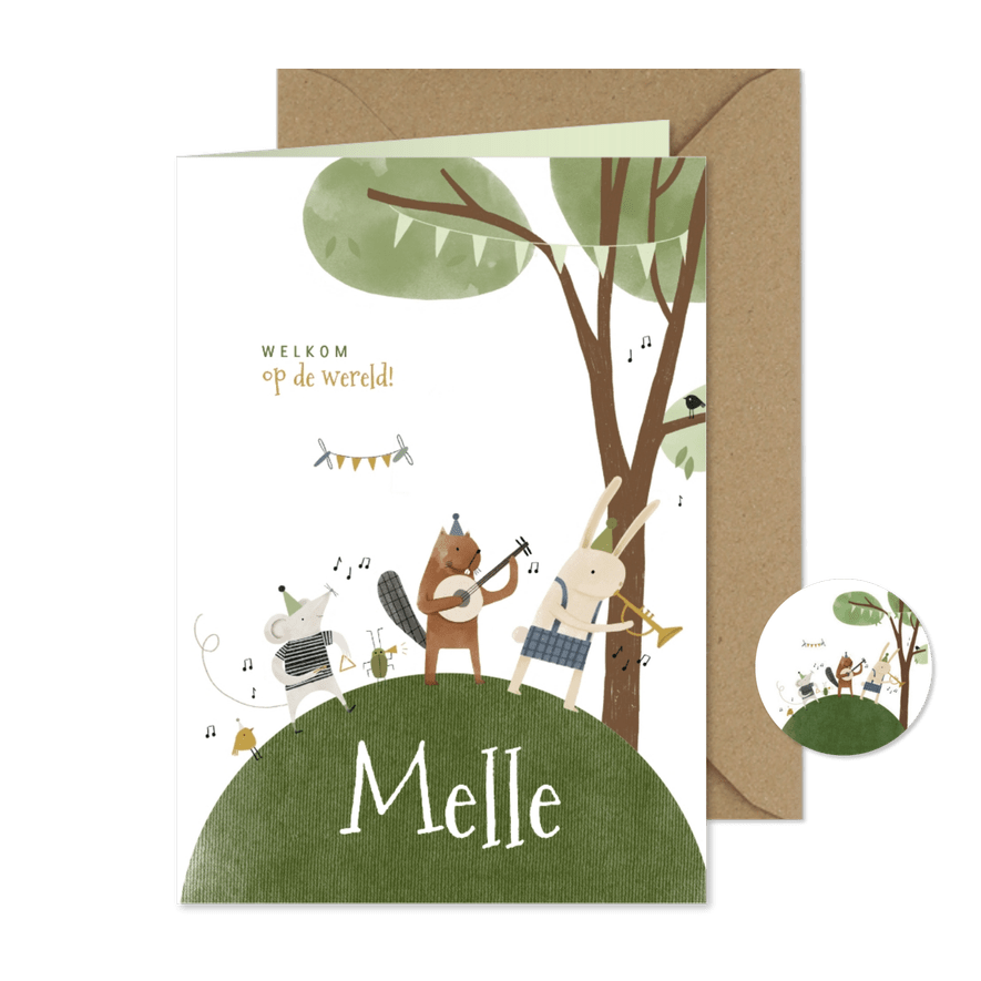 Geboortekaartje boom bosdiertjes en muziekinstrumenten - Kaartimpressie