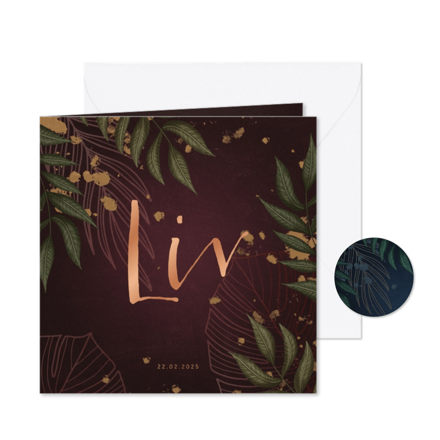 Geboortekaartje bordeaux met jungle bladeren - Kaartimpressie
