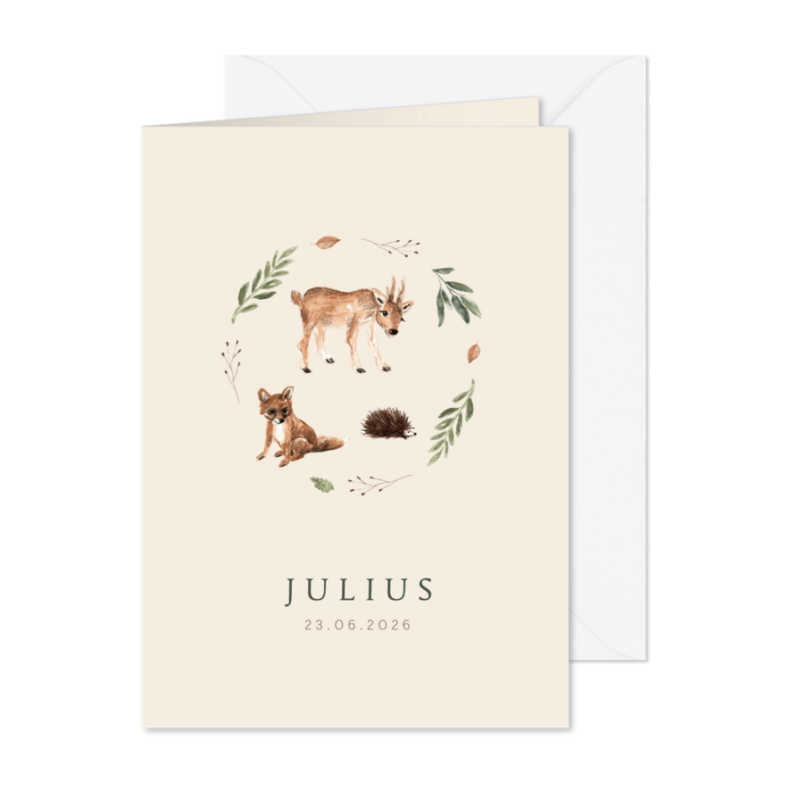 Geboortekaartje bos dieren hertje vosje en egel - Kaartimpressie