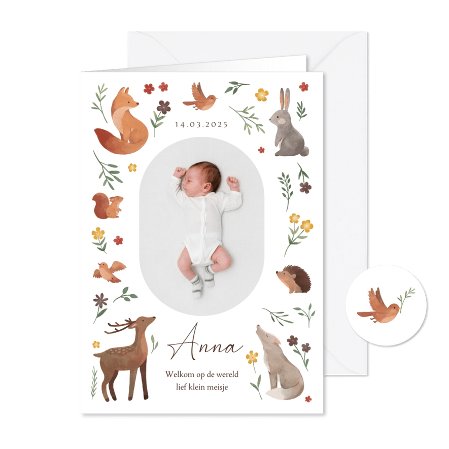 Geboortekaartje bosdieren bloemen natuur kader foto - Kaartimpressie