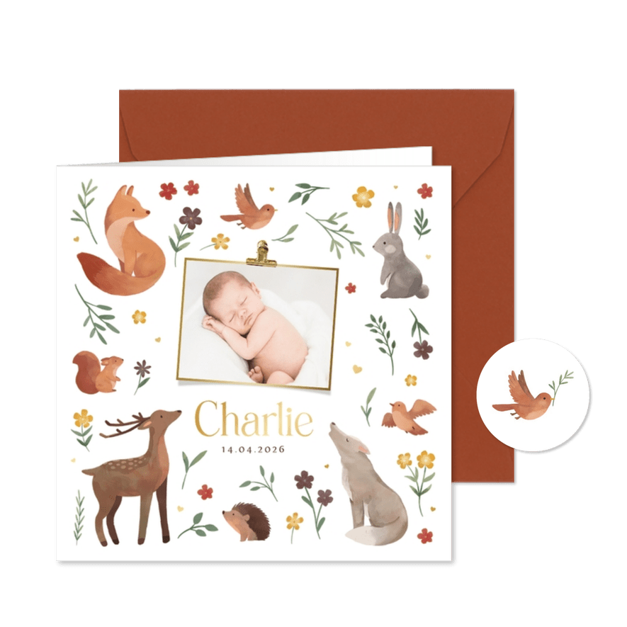 Geboortekaartje bosdieren bloemetjes natuur foto - Kaartimpressie