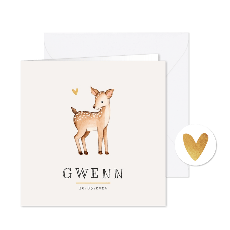 Geboortekaartje bosdieren hertje goud hartje lief - Kaartimpressie