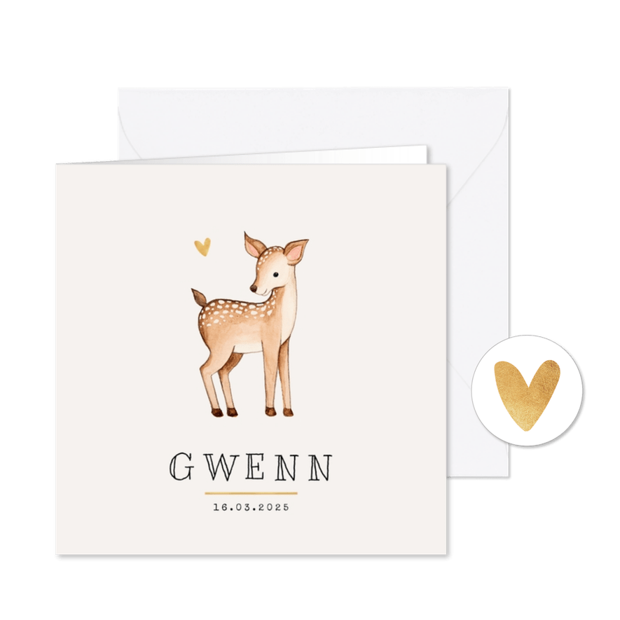 Geboortekaartje bosdieren hertje goud hartje lief - Kaartimpressie