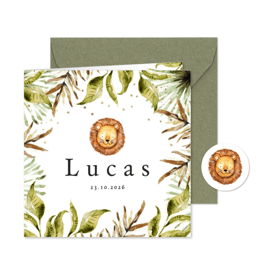 Geboortekaartje botanisch met waterverf bladeren en goudlook - Kaartimpressie