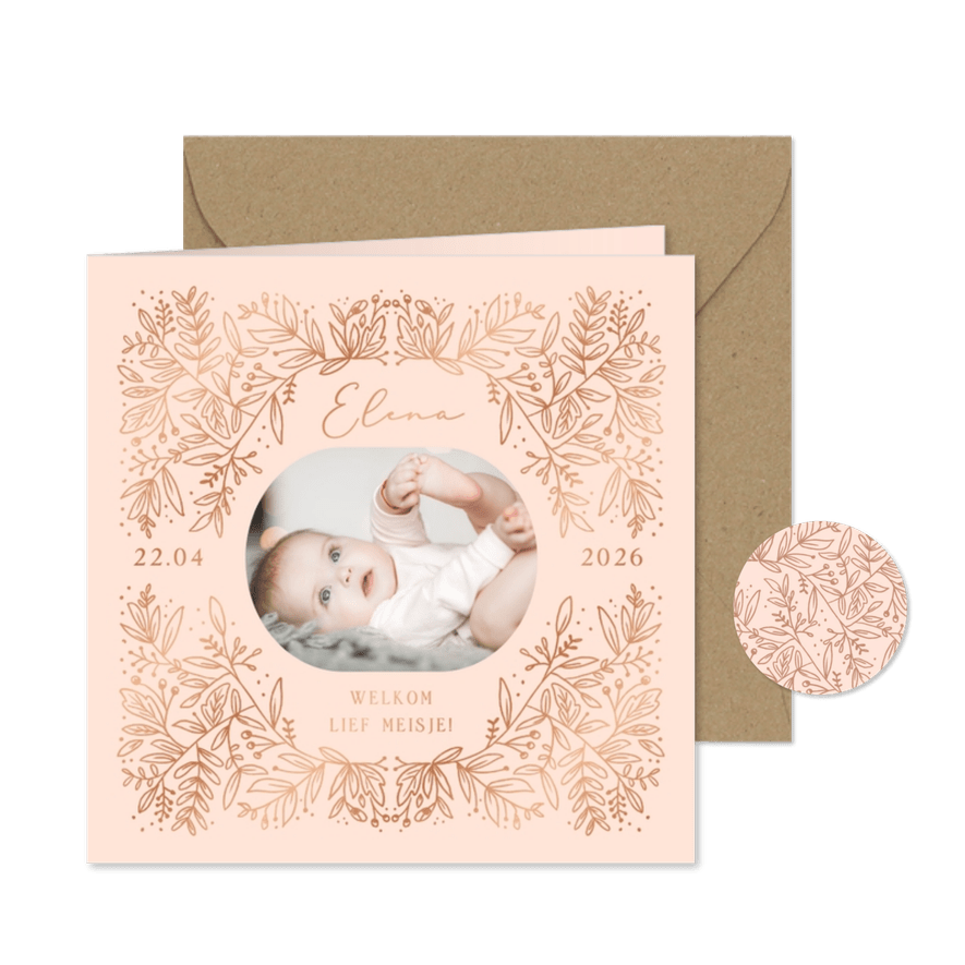 Geboortekaartje botanische bloemen in lijn - Kaartimpressie