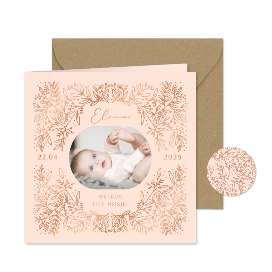 Geboortekaartje botanische bloemen in lijn - Kaartimpressie