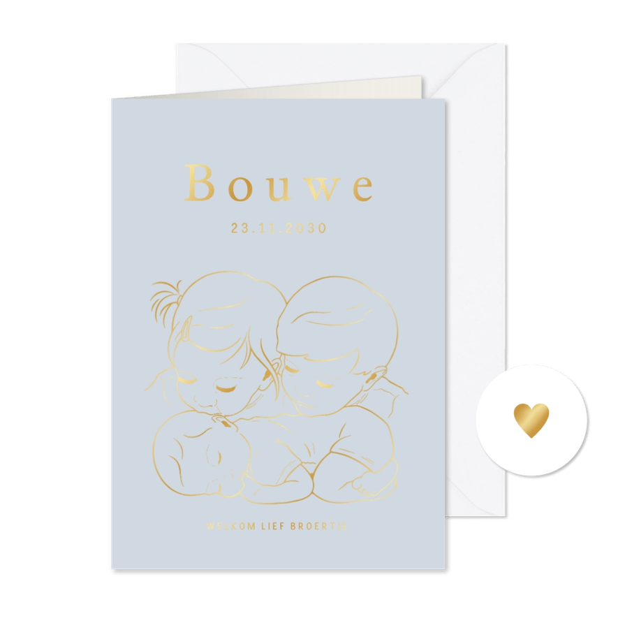 Geboortekaartje broer en zus met baby – goudfolie - Kaartimpressie