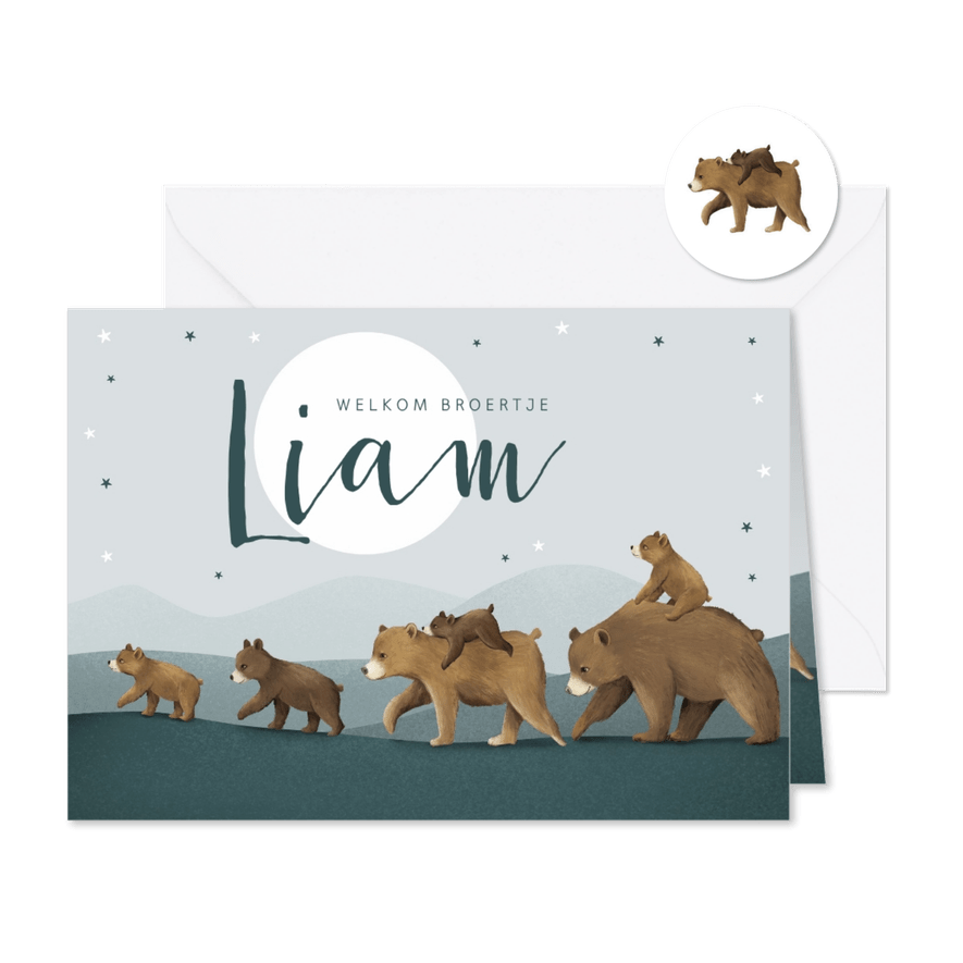 Geboortekaartje broertje dieren beren familie sterren maan - Kaartimpressie