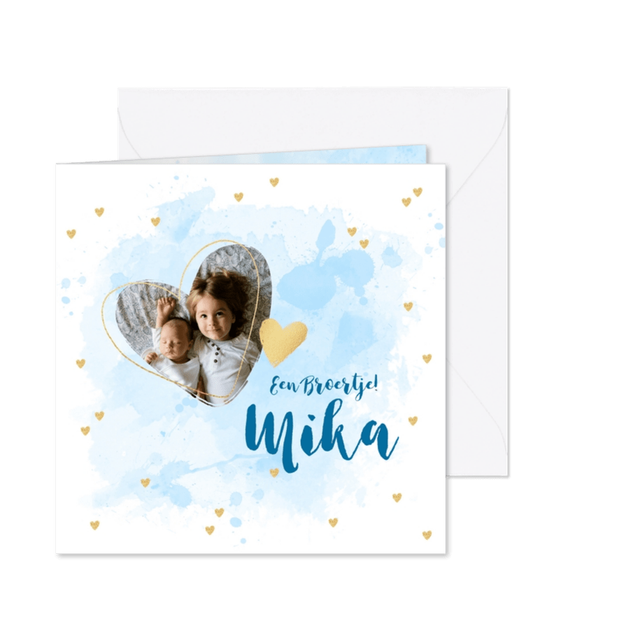 Geboortekaartje broertje foto hartjes aquarel - Kaartimpressie