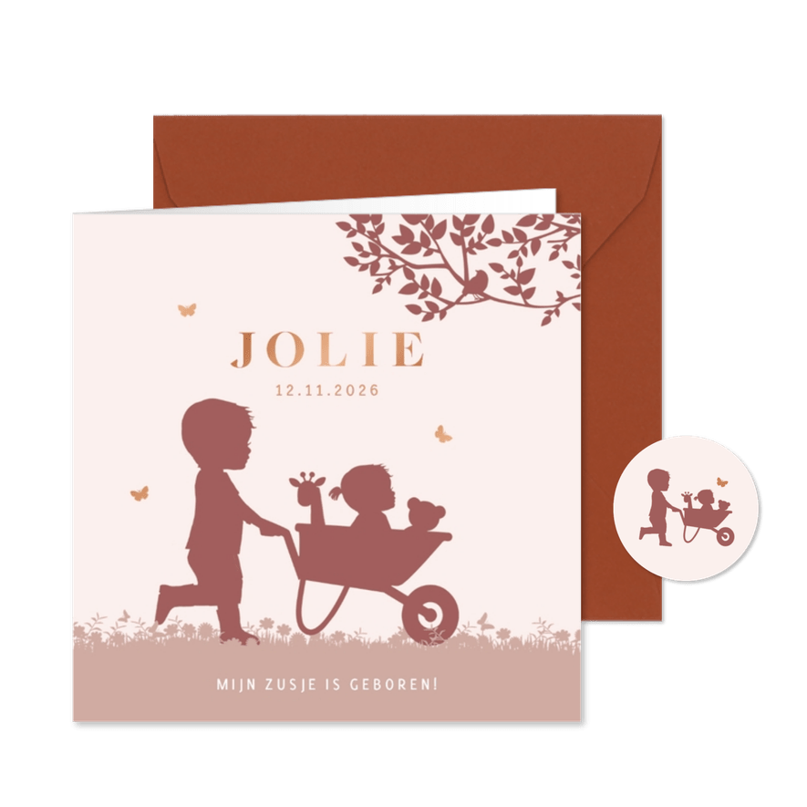 Geboortekaartje broertje kruiwagen en baby meisje - Kaartimpressie
