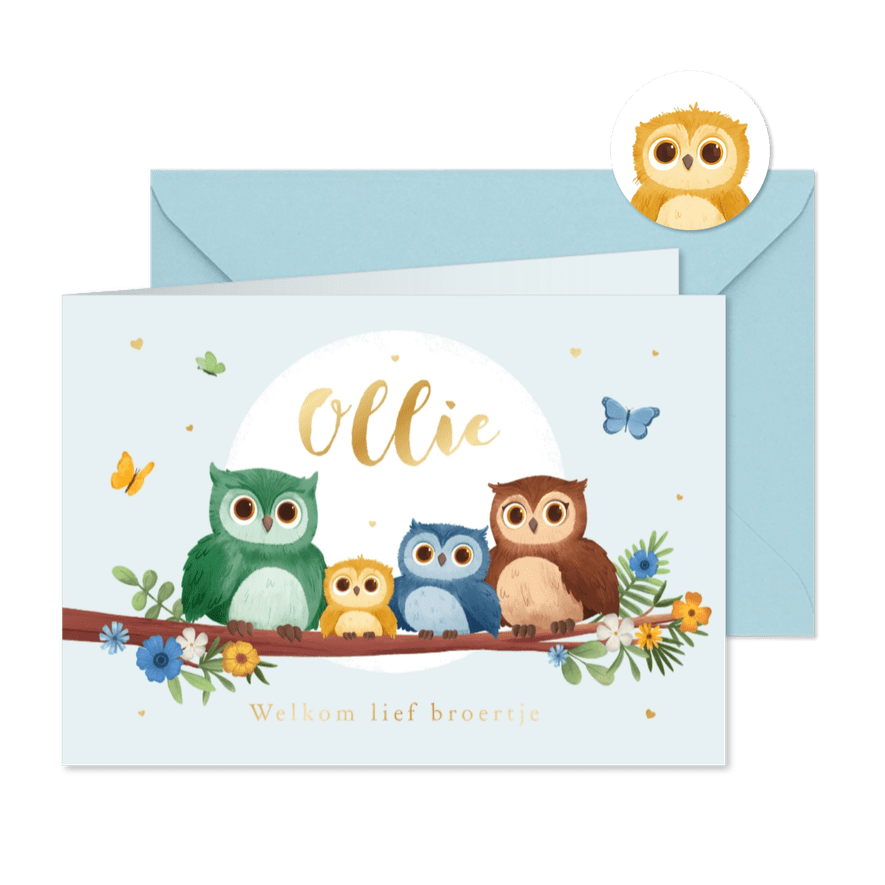 Geboortekaartje broertje lief uiltjes boom vlinders hartjes - Kaartimpressie