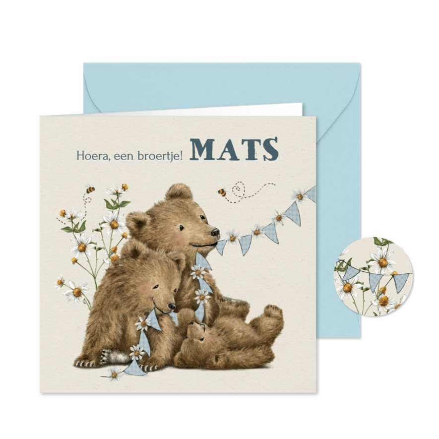 Geboortekaartje broertje met beertjes tussen de bloemen - Kaartimpressie