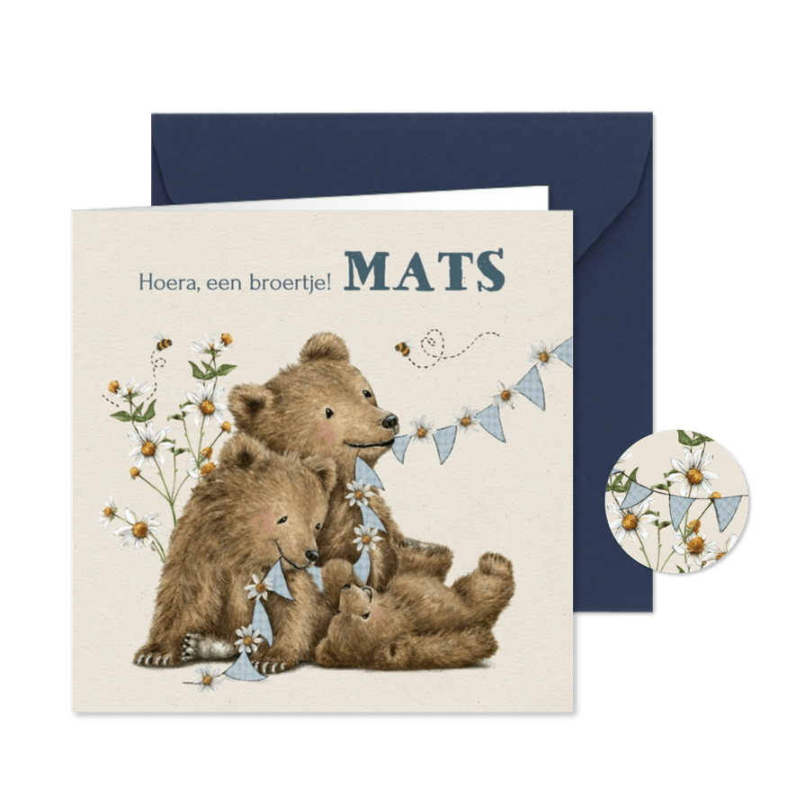 Geboortekaartje broertje met beertjes tussen de bloemen - Kaartimpressie