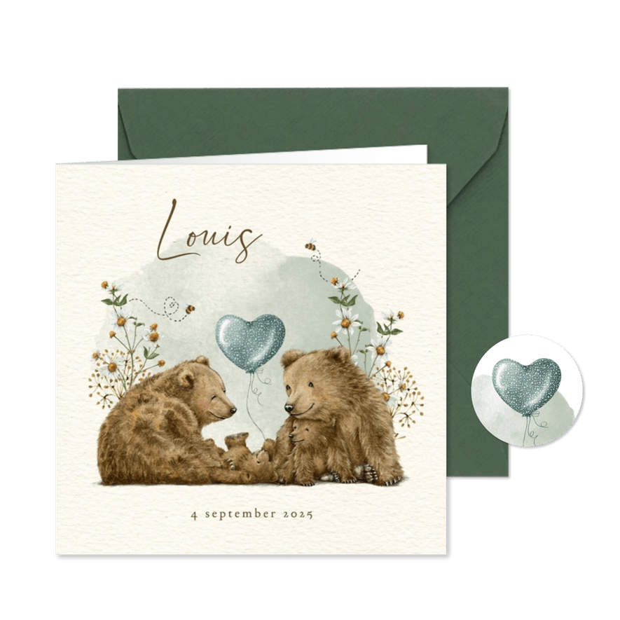 Geboortekaartje broertje met beren familie tussen de bloemen - Kaartimpressie