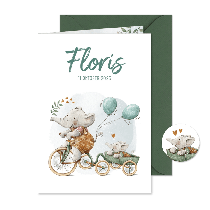 Geboortekaartje broertje met olifantjes op de fiets - Kaartimpressie