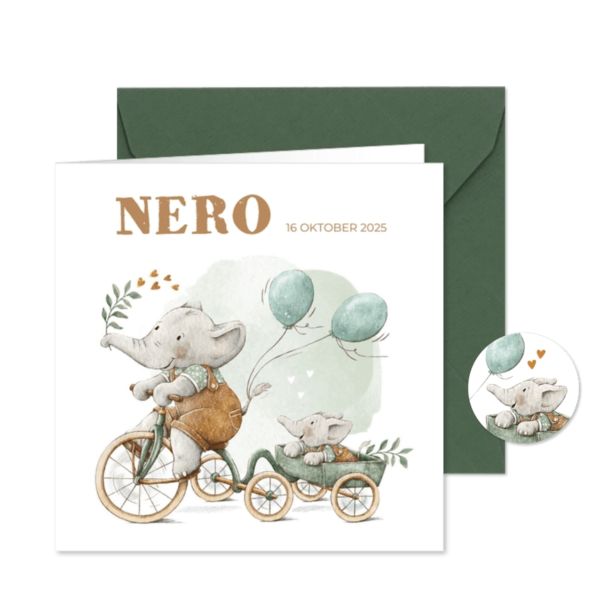 Geboortekaartje broertje met twee olifantjes op de fiets - Kaartimpressie