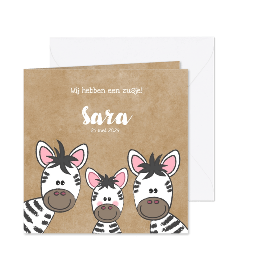 Geboortekaartje broertje of zusje met schattige zebra's - Kaartimpressie