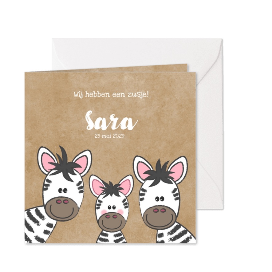 Geboortekaartje broertje of zusje met schattige zebra's  - Kaartimpressie