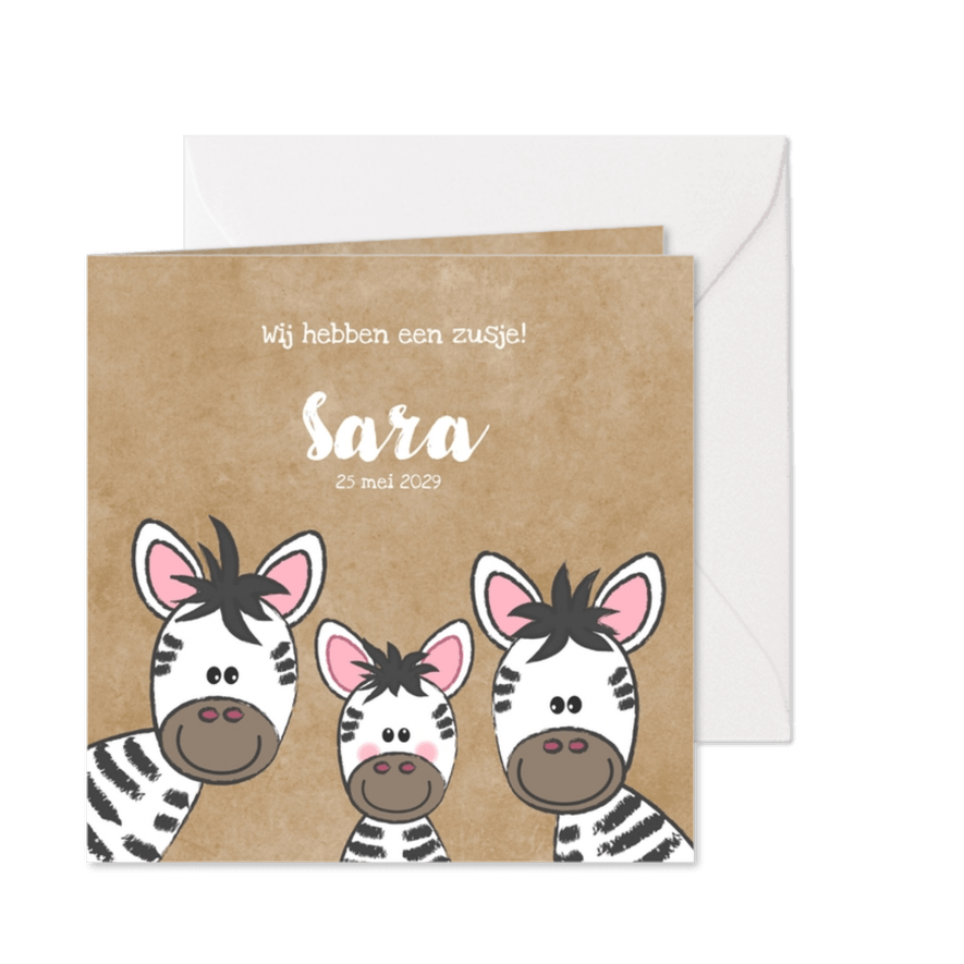 Geboortekaartje broertje of zusje met schattige zebra's - Kaartimpressie