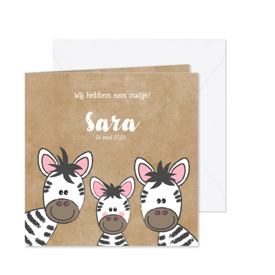 Geboortekaartje broertje of zusje met schattige zebra's  - Kaartimpressie