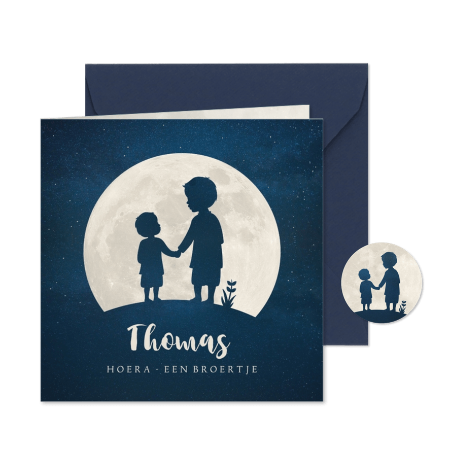 Geboortekaartje broertje silhouet hand in hand met maan - Kaartimpressie