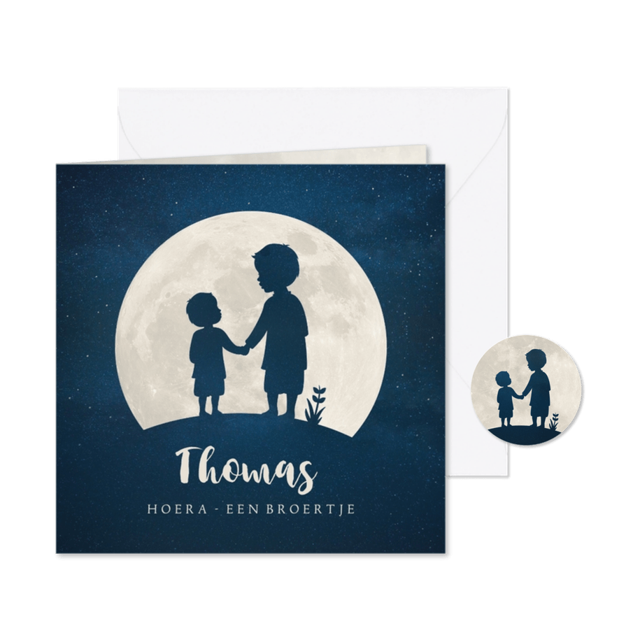 Geboortekaartje broertje silhouet hand in hand met maan - Kaartimpressie