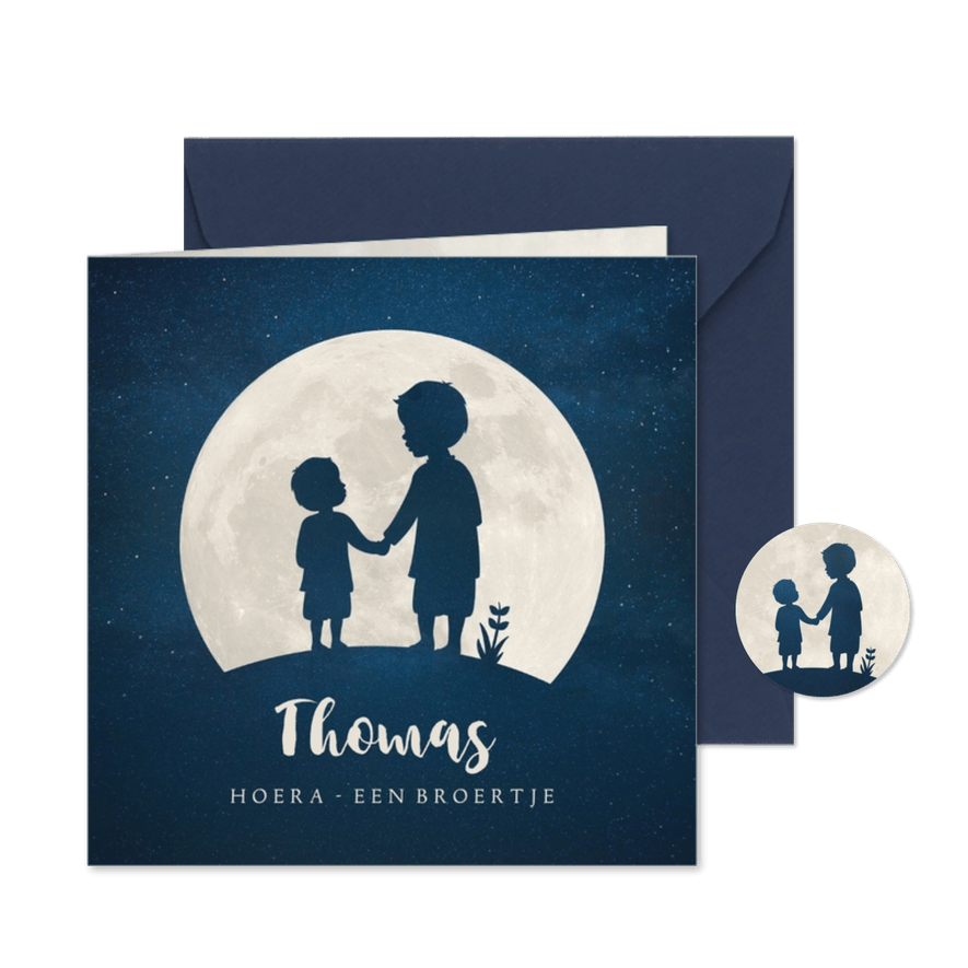 Geboortekaartje broertje silhouet hand in hand met maan - Kaartimpressie