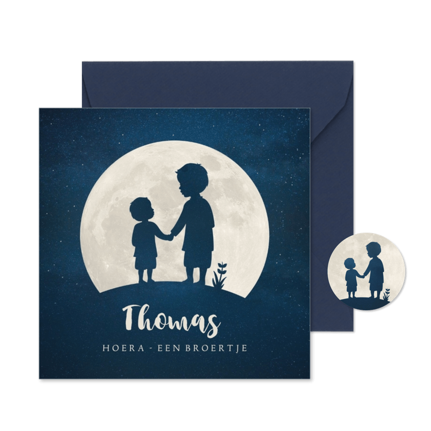 Geboortekaartje broertje silhouet hand in hand met maan - Kaartimpressie