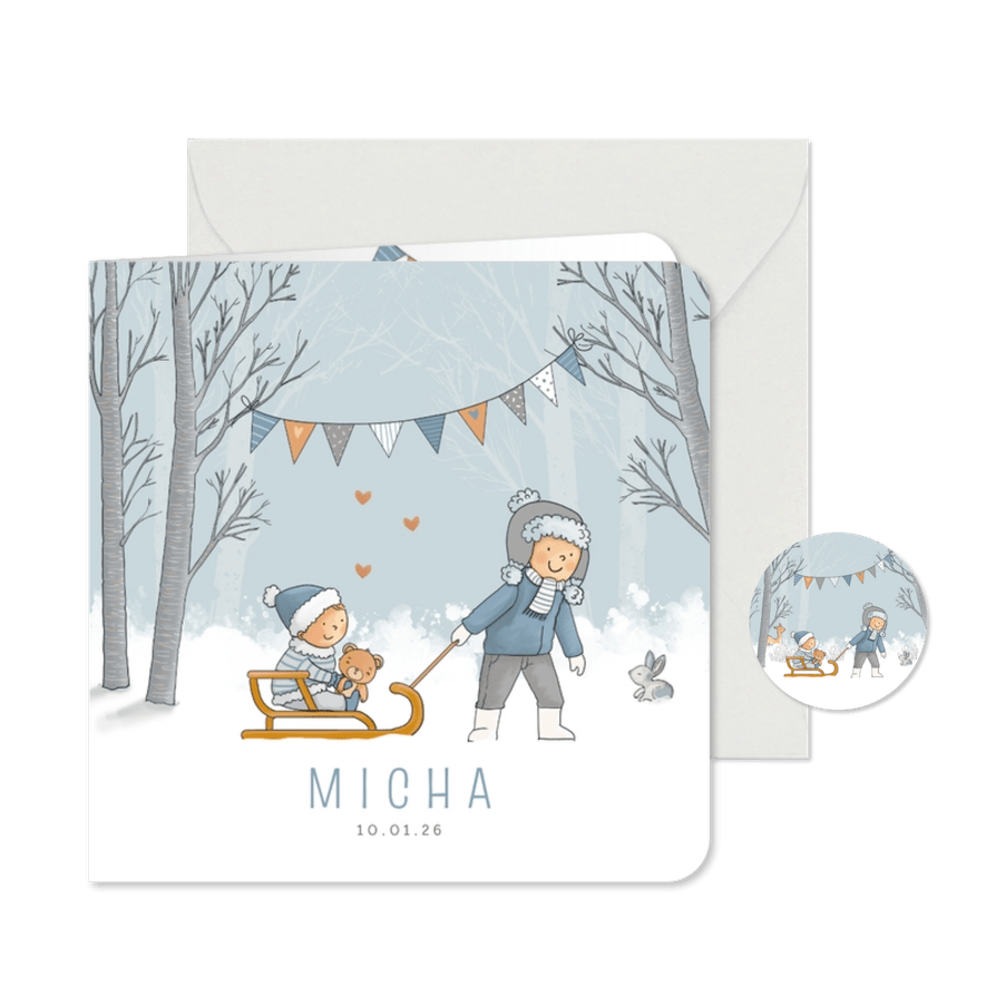 Geboortekaartje broertje trekt slee met baby jongen - Kaartimpressie