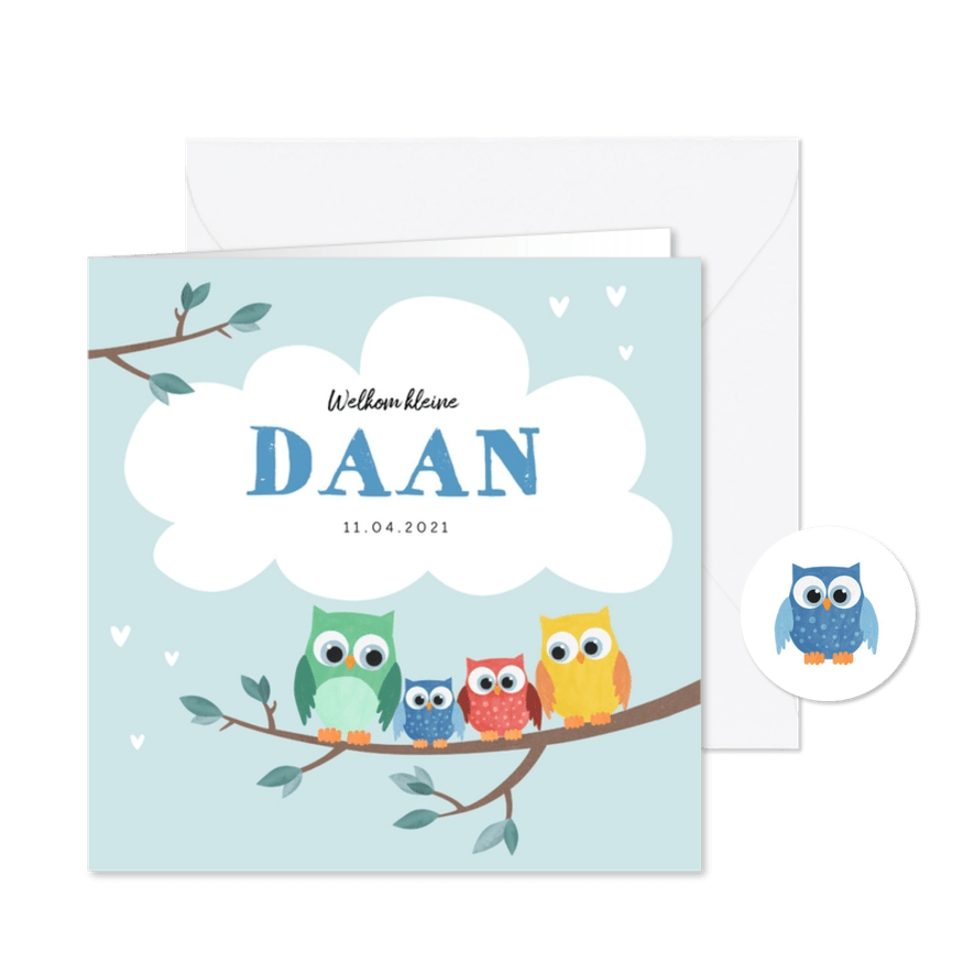 Geboortekaartje broertje uiltjes op een takje met wolkje - Kaartimpressie