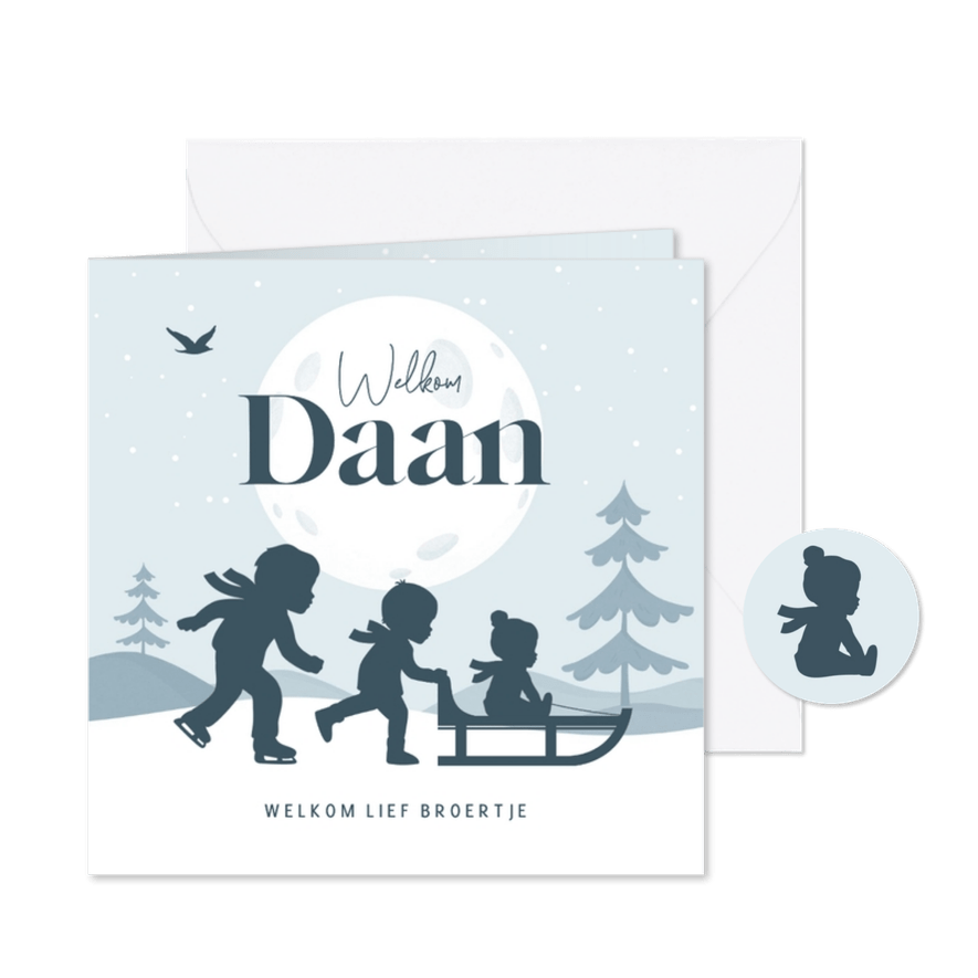 Geboortekaartje broertje winter slee sneeuw silhouet - Kaartimpressie