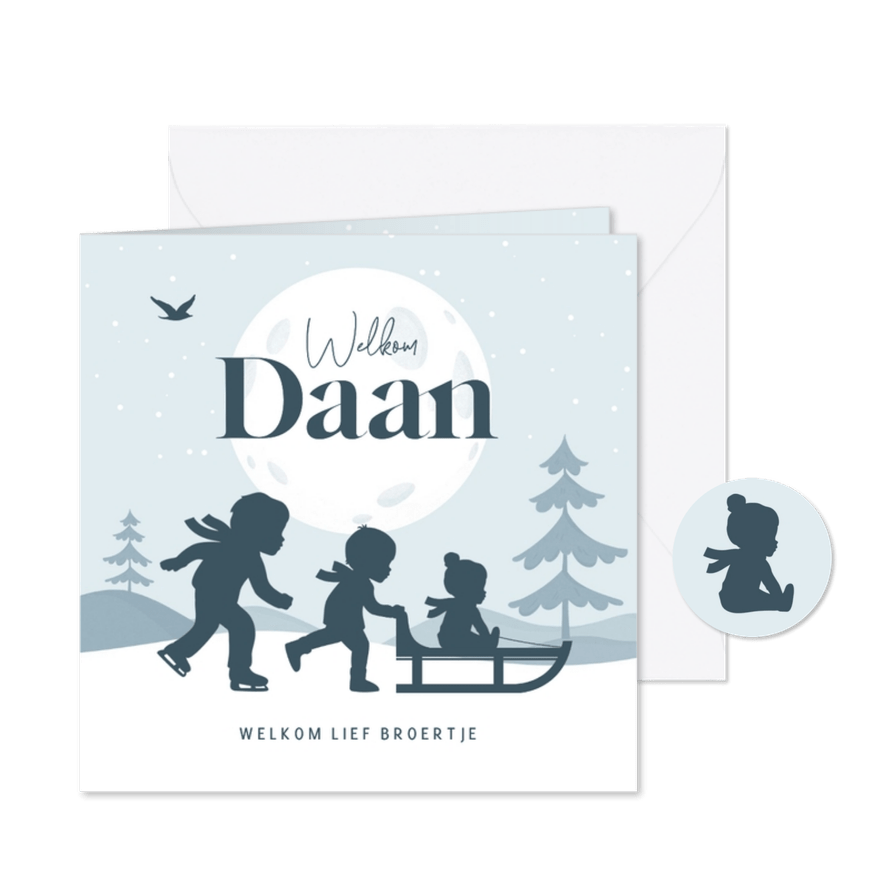 Geboortekaartje broertje winter slee sneeuw silhouet - Kaartimpressie