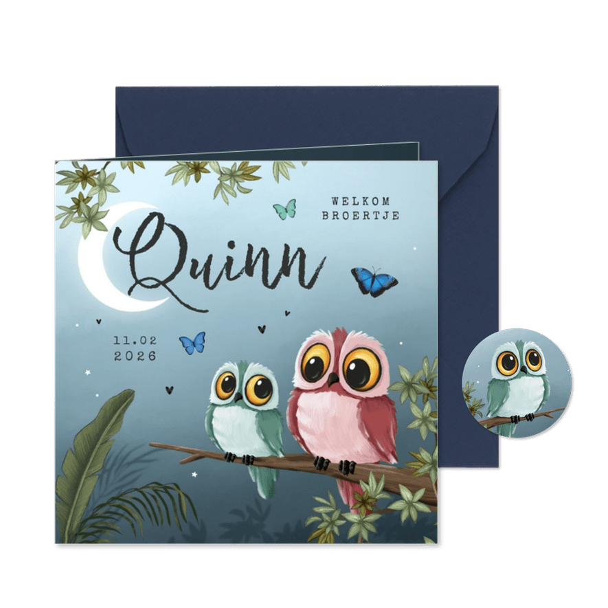 Geboortekaartje broertje zus uil vlinder jungle boom sterren - Kaartimpressie