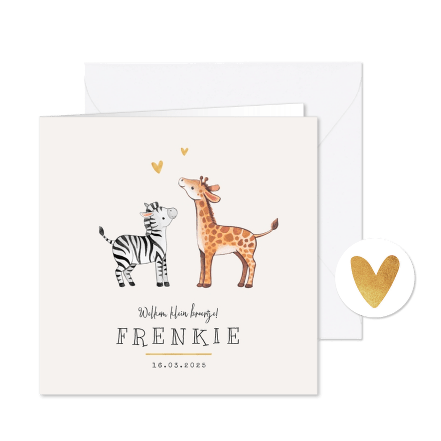 Geboortekaartje broertje zusje giraf zebra hartje goud - Kaartimpressie