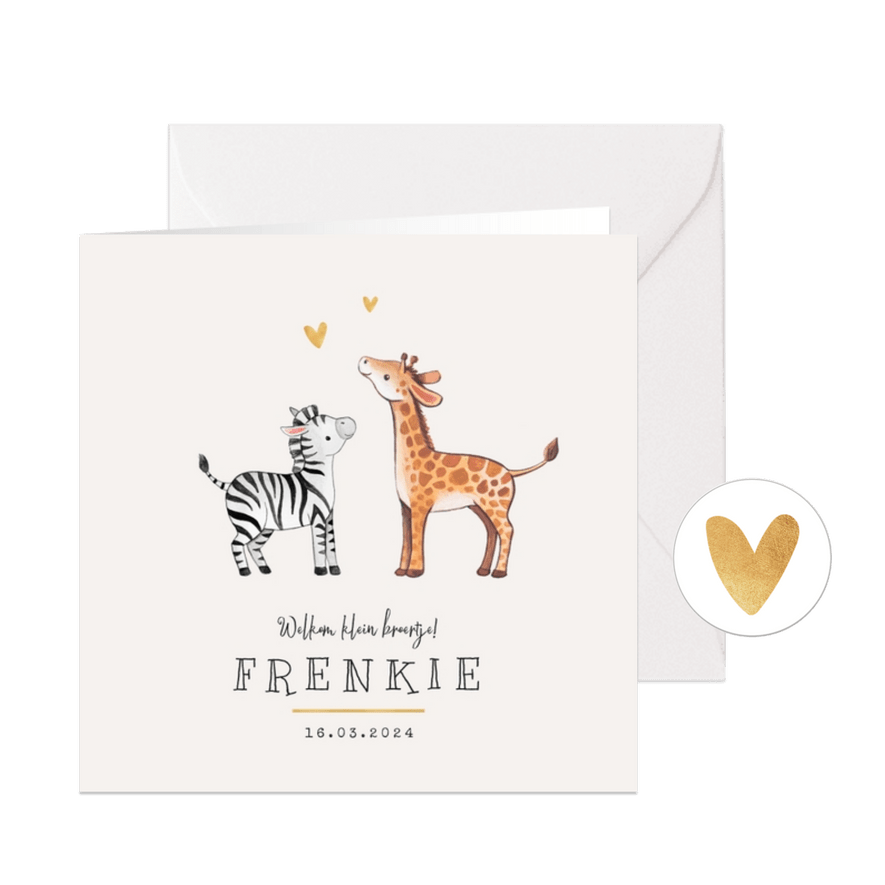 Geboortekaartje broertje zusje giraf zebra hartje goud - Kaartimpressie