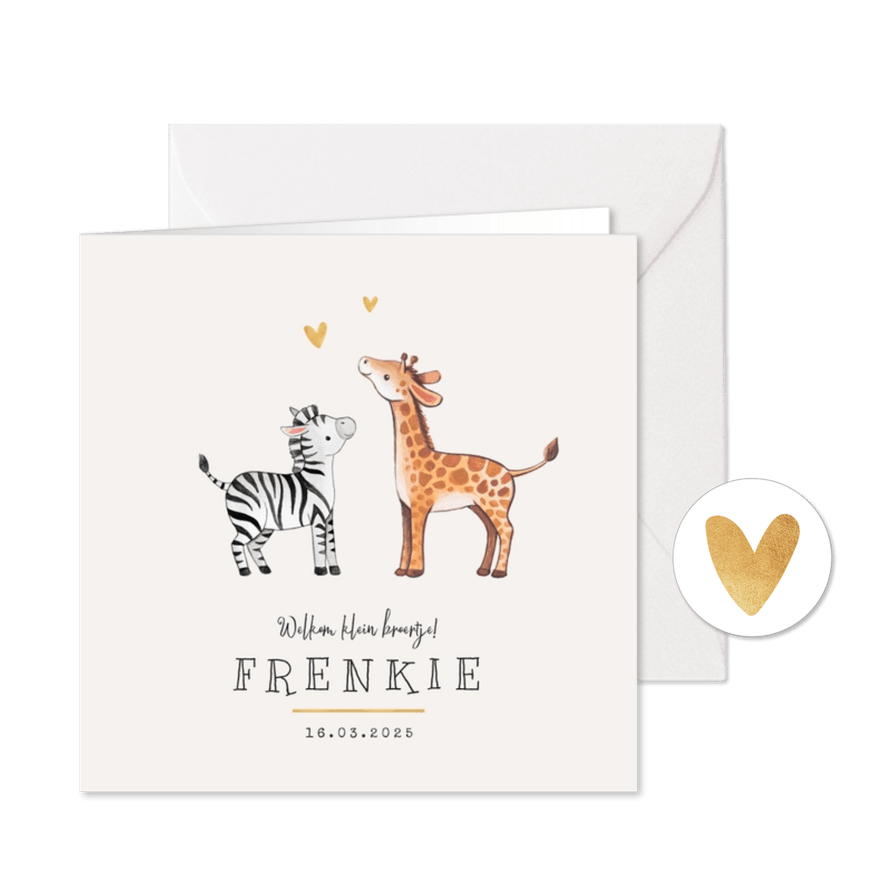 Geboortekaartje broertje zusje giraf zebra hartje goud - Kaartimpressie