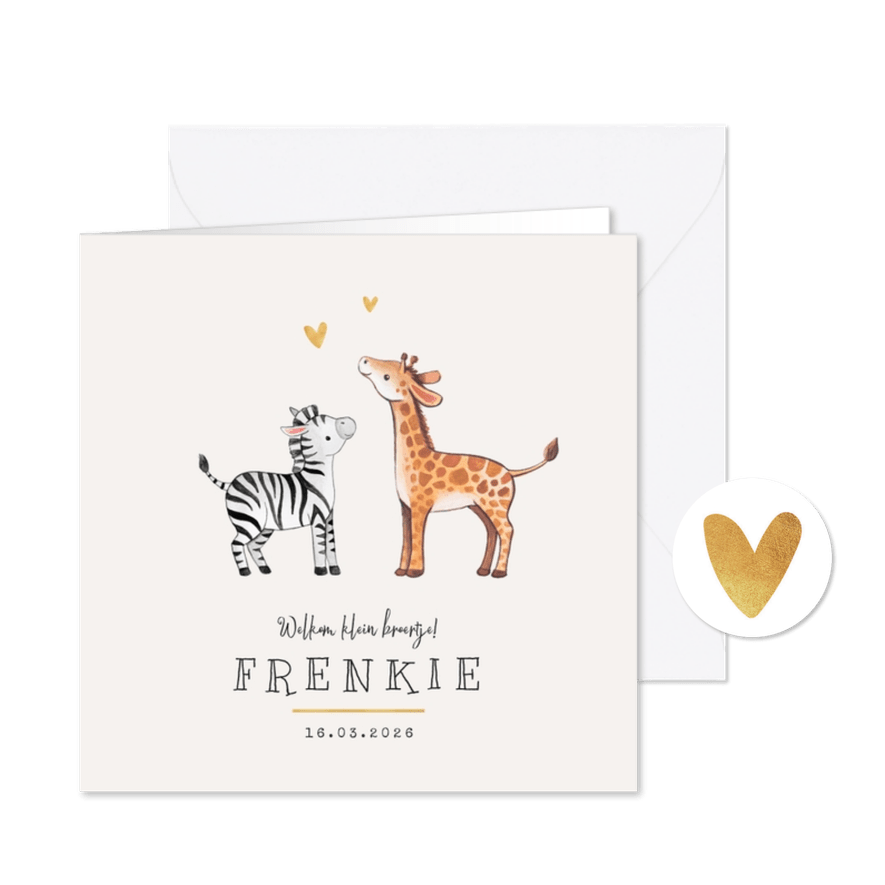 Geboortekaartje broertje zusje giraf zebra hartje goud - Kaartimpressie
