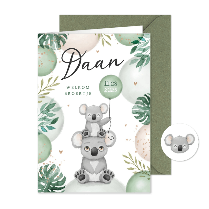Geboortekaartje broertje zusje koala dieren ballonnen jungle - Kaartimpressie