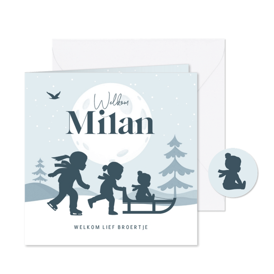 Geboortekaartje broertje zussen winter slee sneeuw silhouet - Kaartimpressie