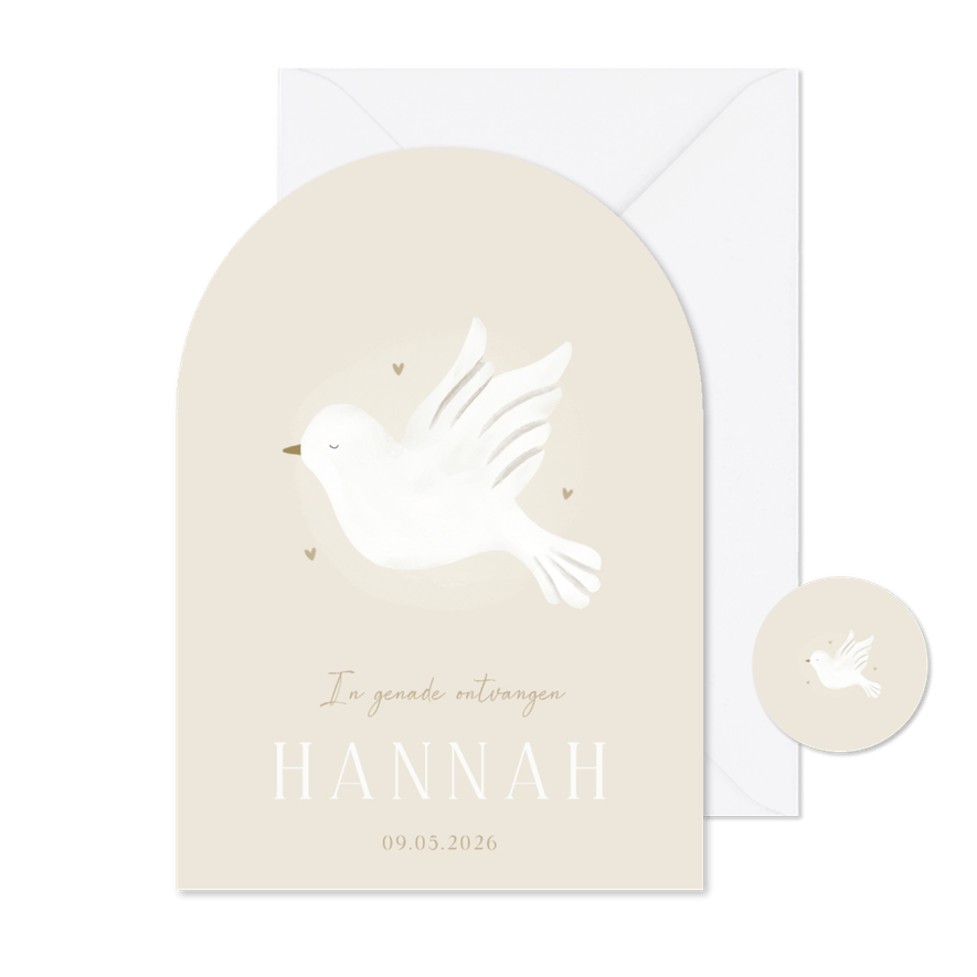 Geboortekaartje christelijk duif hartjes neutraal boogvorm - Kaartimpressie