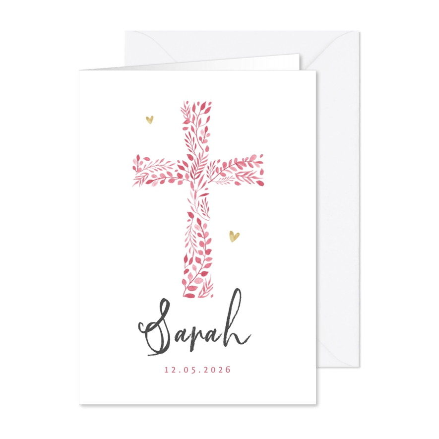 Geboortekaartje christelijk meisje roze hartjes goud foto - Kaartimpressie