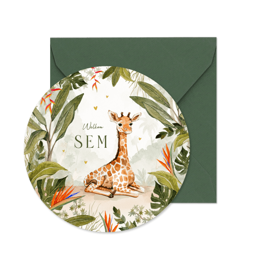 Geboortekaartje cirkel giraf jungle waterverf baby schattig - Kaartimpressie