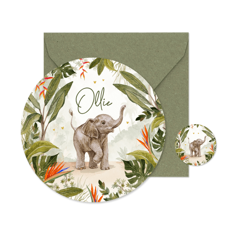 Geboortekaartje cirkel jungle olifant baby schattig - Kaartimpressie