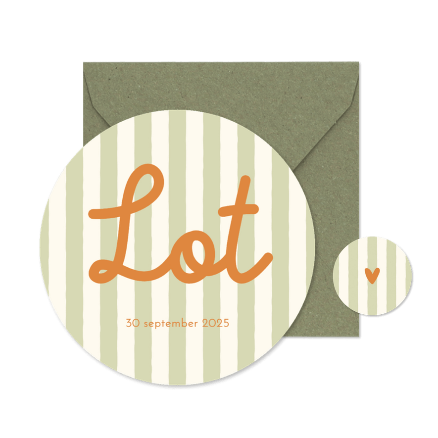 Geboortekaartje cirkelvorm met hippe groene streepjes - Kaartimpressie