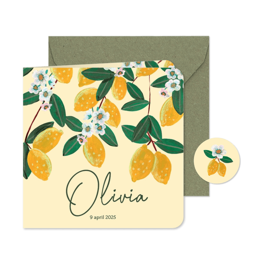 Geboortekaartje citroenen met bloesem - Kaartimpressie