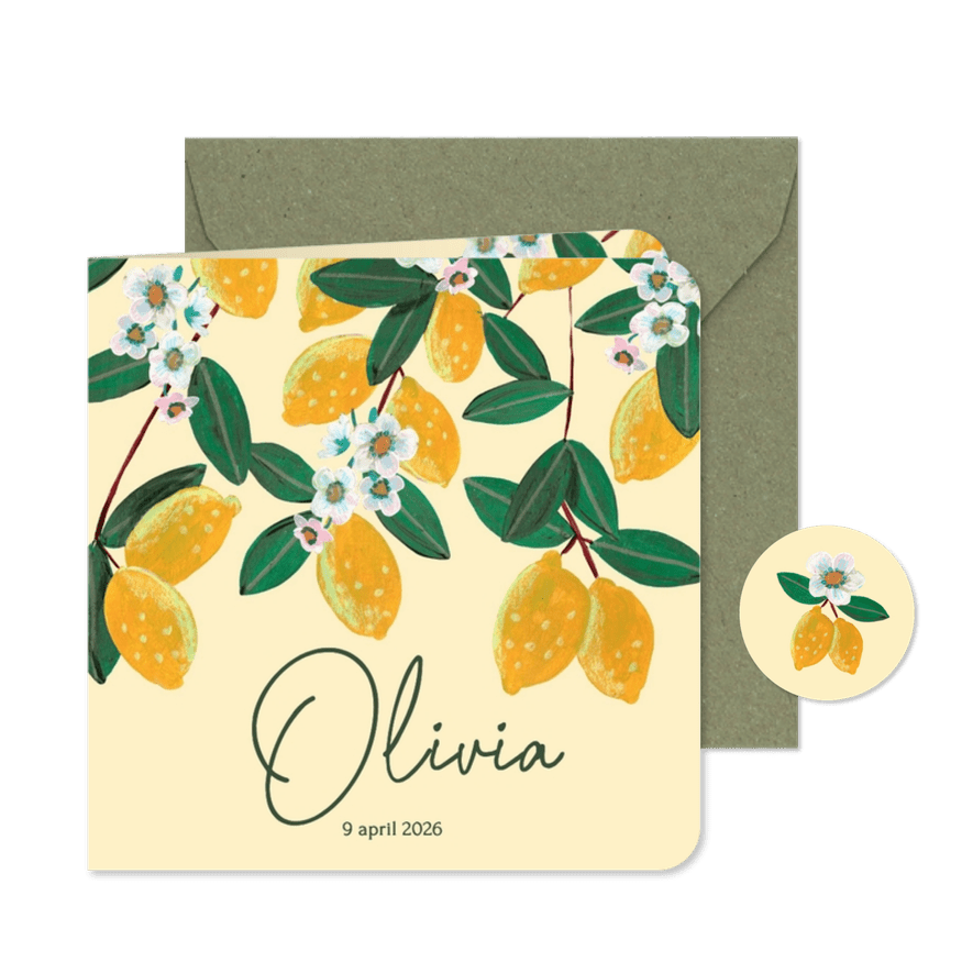 Geboortekaartje citroenen met bloesem - Kaartimpressie
