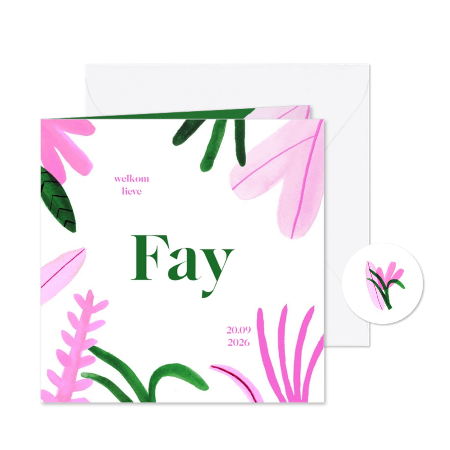Geboortekaartje colorblocking roze groen bladeren - Kaartimpressie