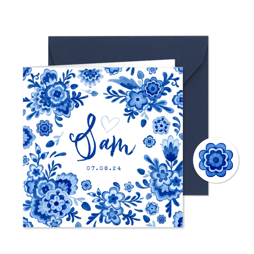 Geboortekaartje delfts blauw bloemen vintage unisex hollands - Kaartimpressie
