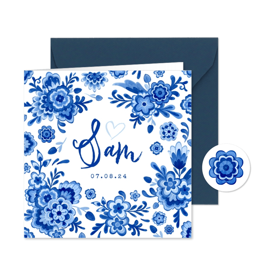 Geboortekaartje delfts blauw bloemen vintage unisex hollands - Kaartimpressie